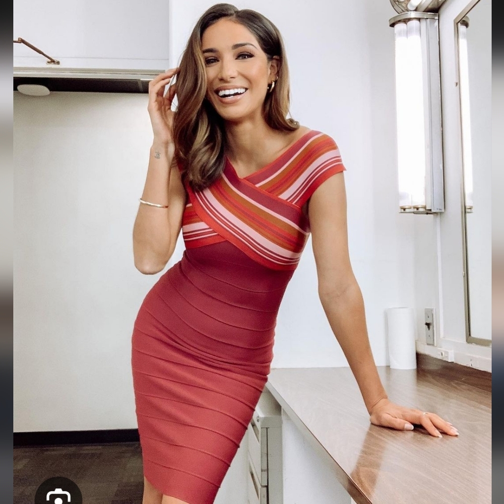 Herve Leger Peach Red Coral Striped JACQUARD Bandage Bodycon Dress Size SM EUC